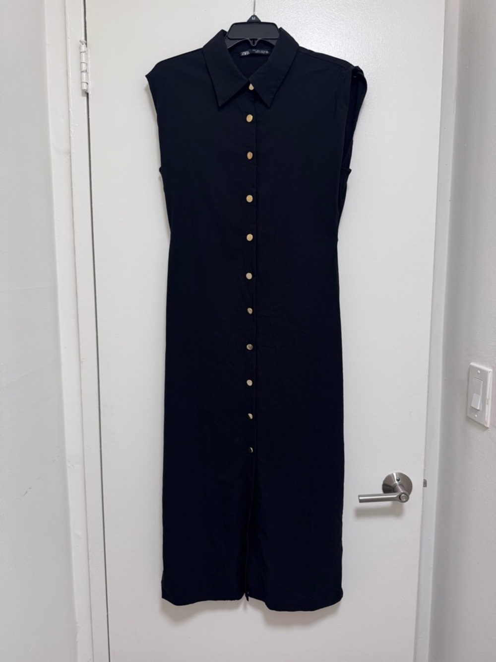 Zara Black Sleeveless Midi Shirt Dress with Gold Buttons Medium